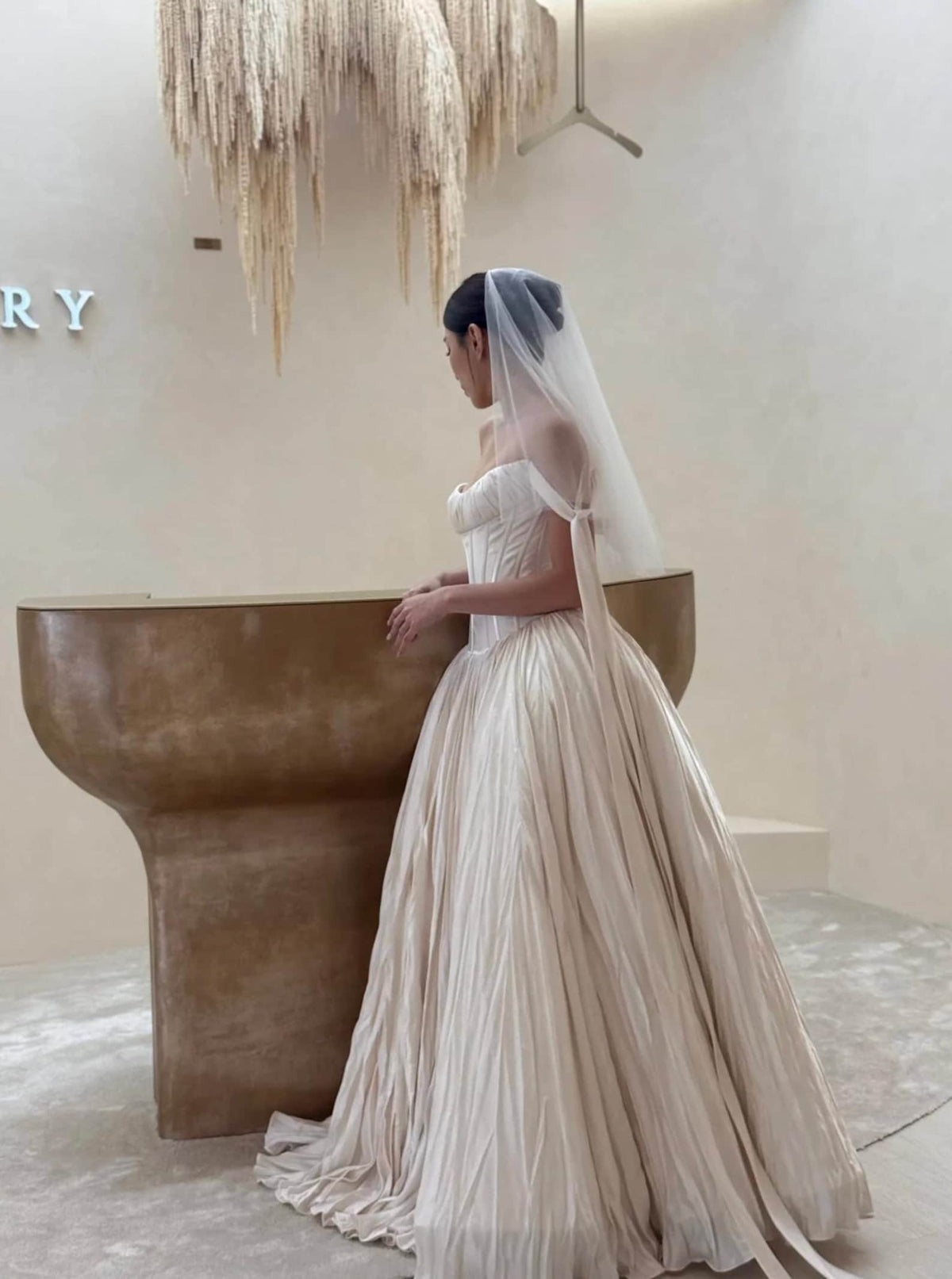 Strapless Corset Wedding Gown, Pleated Voluminous Ballgown, Off‑Shoulder Tie Strap Bridal Dress