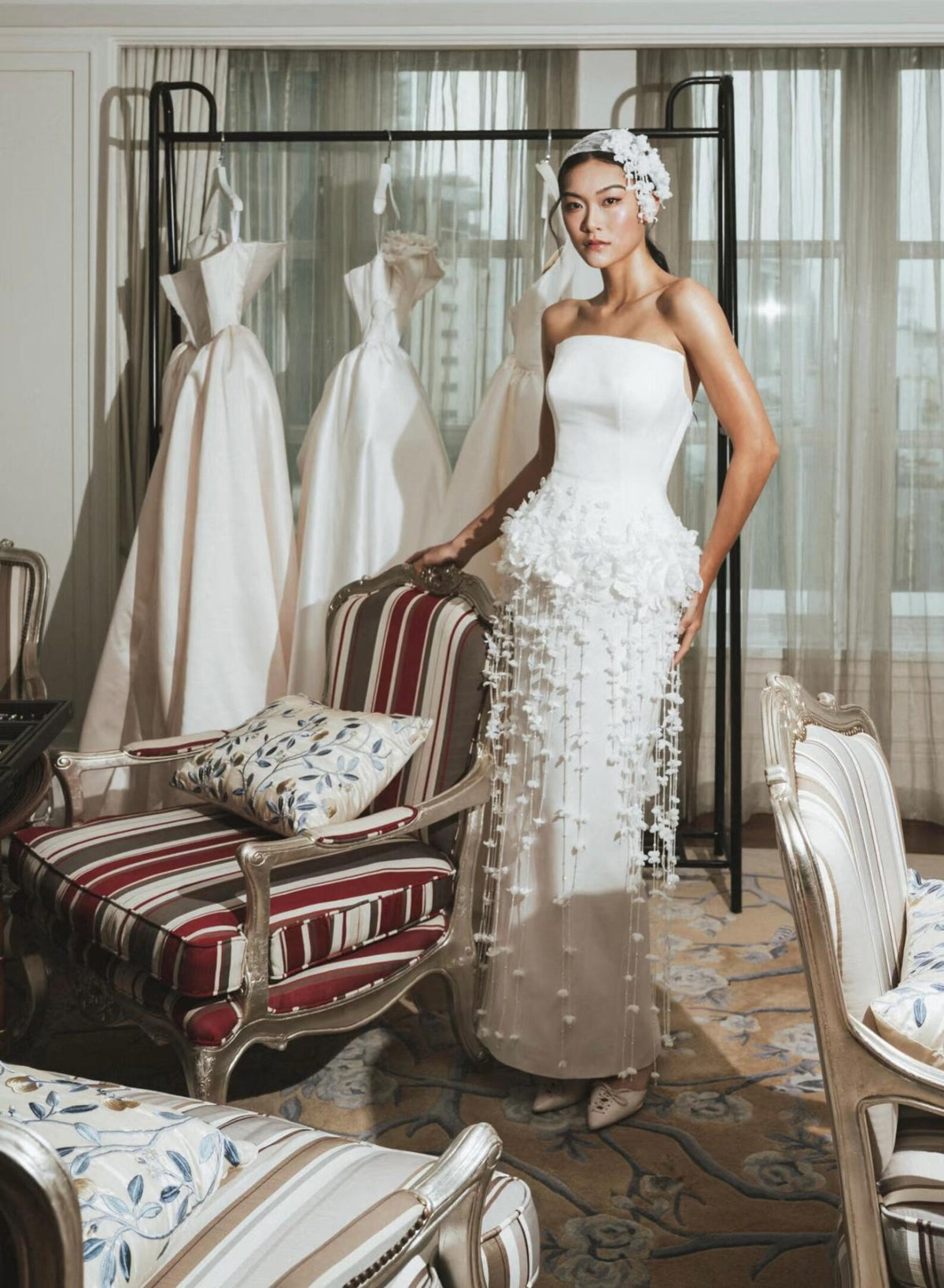 Strapless Satin Midi Wedding Dress, 3D Floral Tassel Fringe Mermaid Bridal Gown