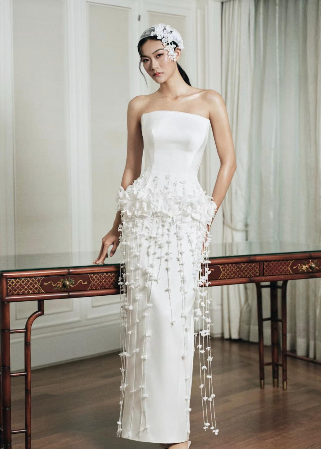 Strapless Satin Midi Wedding Dress, 3D Floral Tassel Fringe Mermaid Bridal Gown