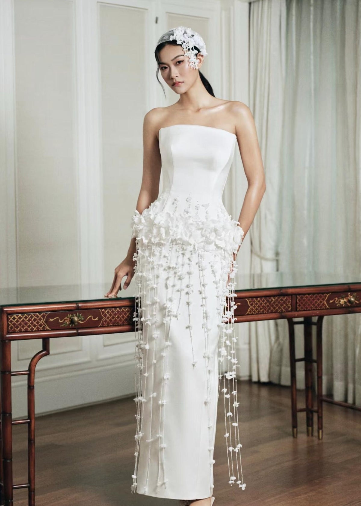Strapless Satin Midi Wedding Dress, 3D Floral Tassel Fringe Mermaid Bridal Gown