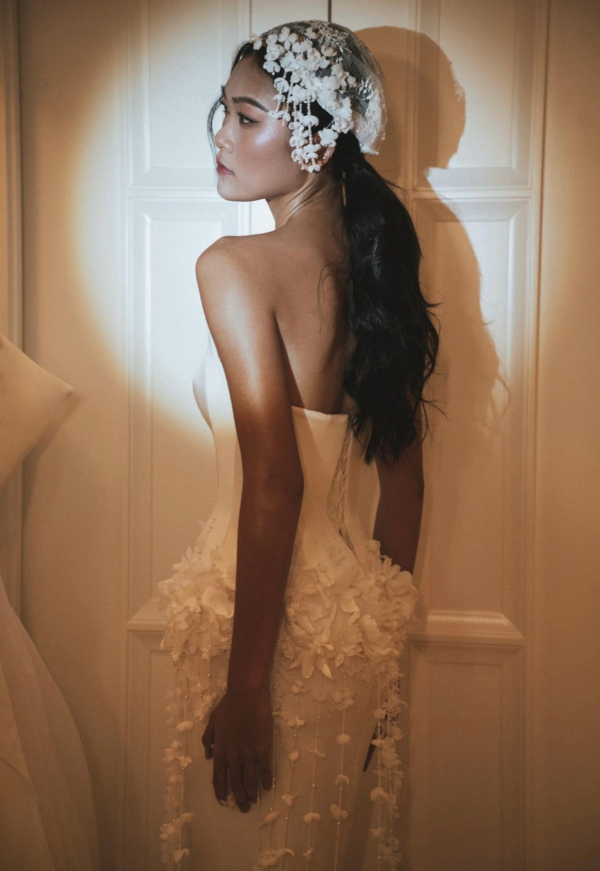 Strapless Satin Midi Wedding Dress, 3D Floral Tassel Fringe Mermaid Bridal Gown
