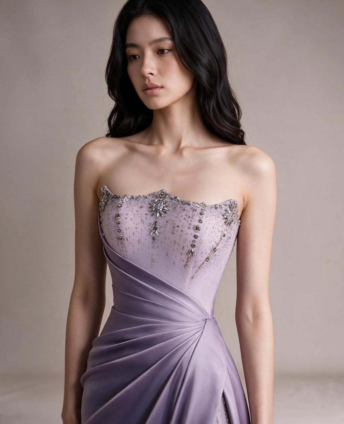Strapless Lavender Satin Evening Gown, Beaded Bodice Draped Slit Formal Prom Dress