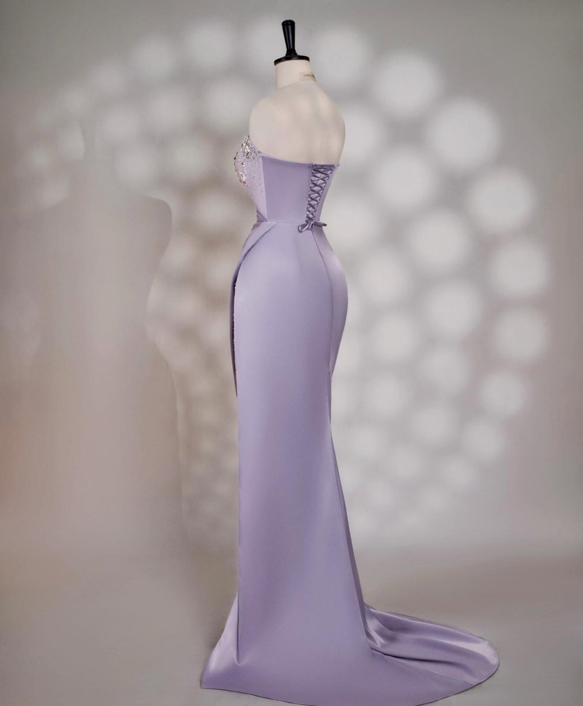 Strapless Lavender Satin Evening Gown, Beaded Bodice Draped Slit Formal Prom Dress