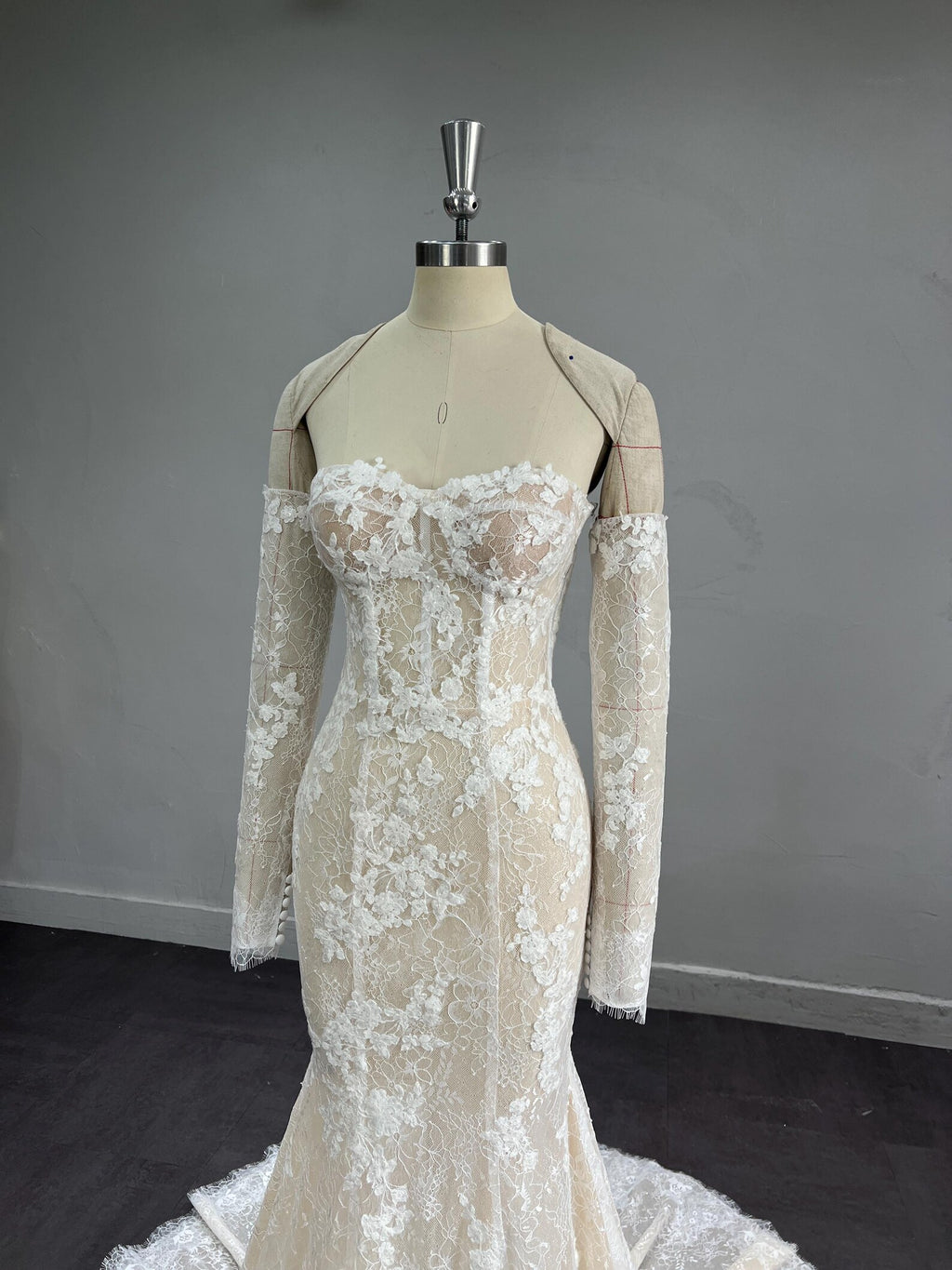 Mermaid Wedding Dress, Detachable Long Lace Sleeves, 3D Floral Lace Corset Bridal Gown