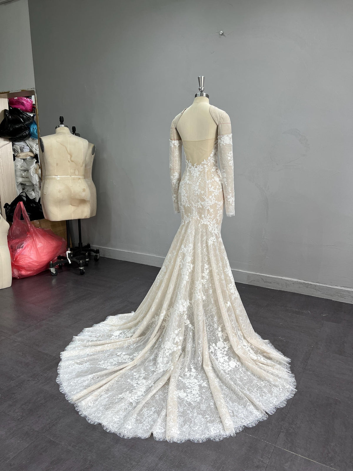 Mermaid Wedding Dress, Detachable Long Lace Sleeves, 3D Floral Lace Corset Bridal Gown