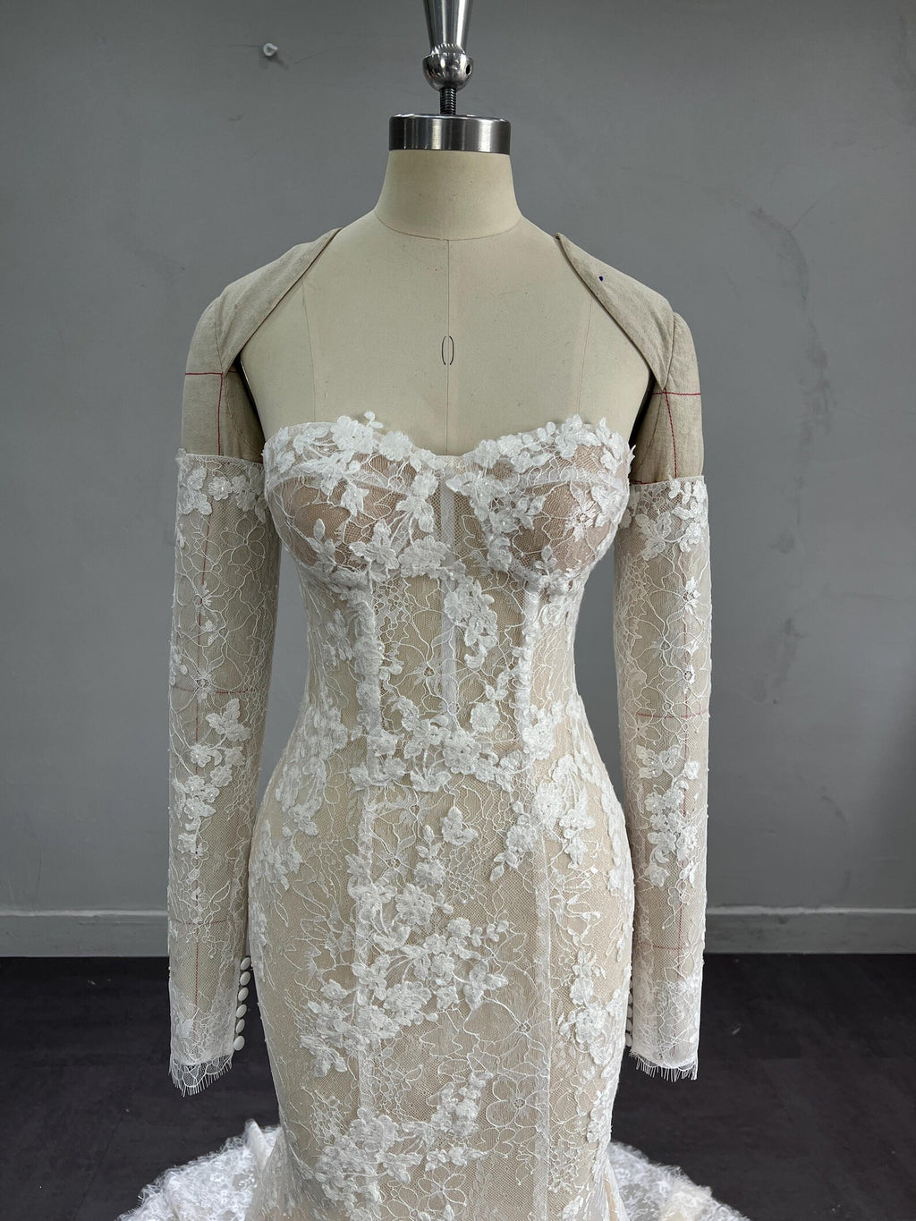 Mermaid Wedding Dress, Detachable Long Lace Sleeves, 3D Floral Lace Corset Bridal Gown