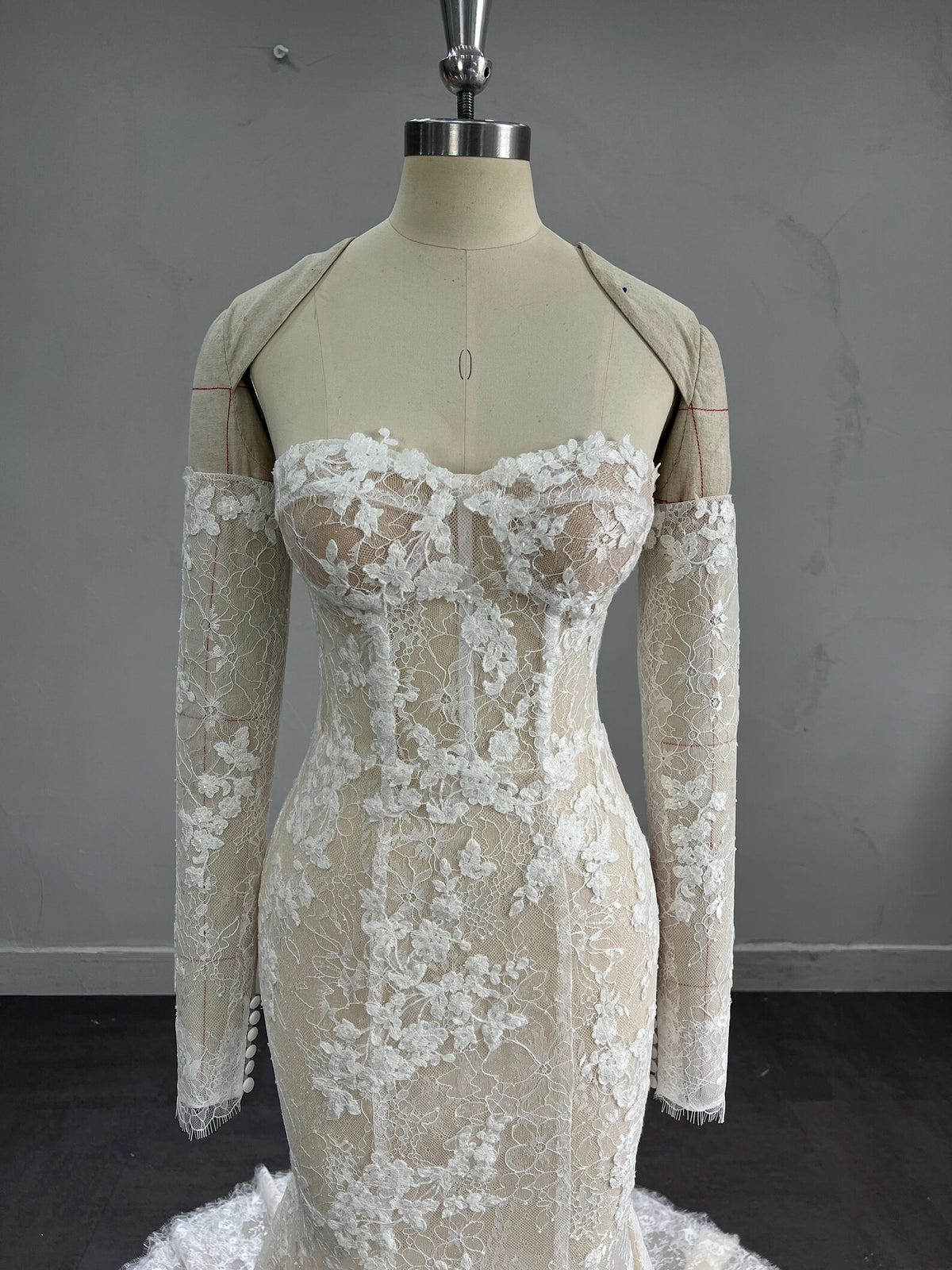 Mermaid Wedding Dress, Detachable Long Lace Sleeves, 3D Floral Lace Corset Bridal Gown