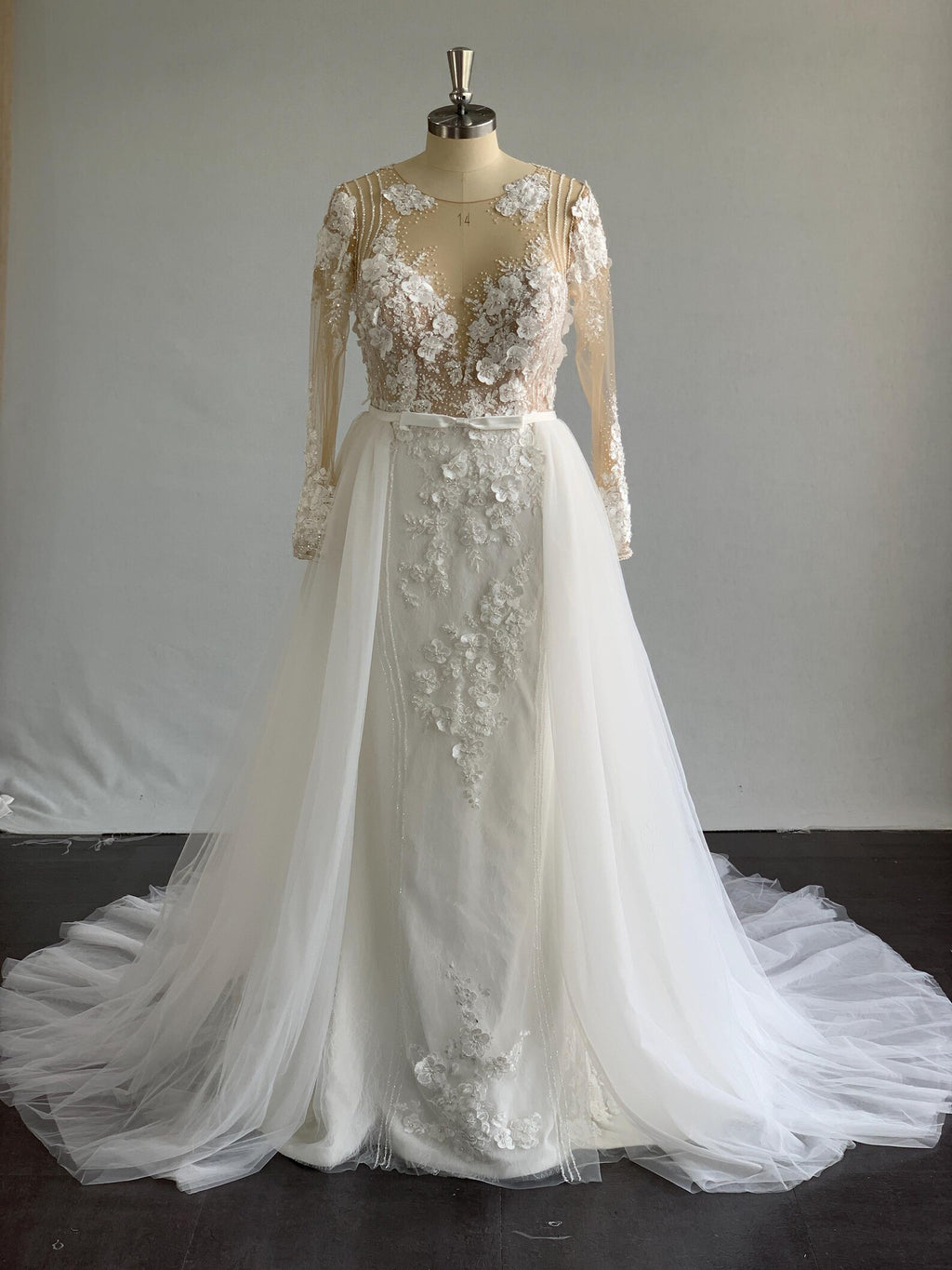 Long Sleeve 3D Floral Lace A Line Wedding Dress, Illusion Neck Tulle Bridal Gown