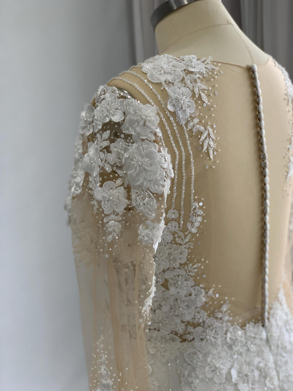 Long Sleeve 3D Floral Lace A Line Wedding Dress, Illusion Neck Tulle Bridal Gown