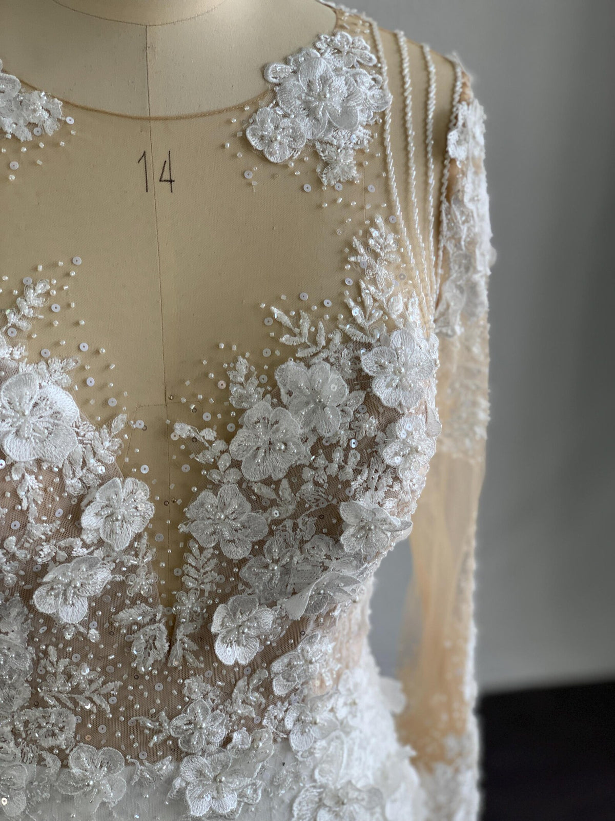 Long Sleeve 3D Floral Lace A Line Wedding Dress, Illusion Neck Tulle Bridal Gown