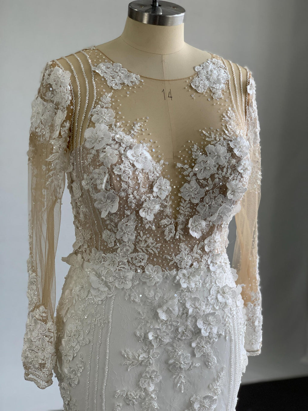 Long Sleeve 3D Floral Lace A Line Wedding Dress, Illusion Neck Tulle Bridal Gown