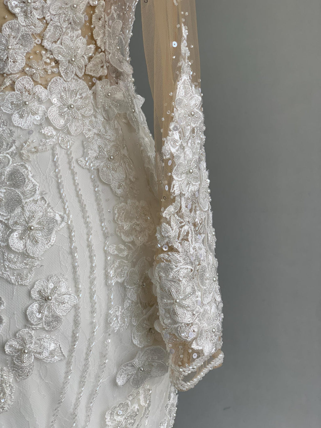 Long Sleeve 3D Floral Lace A Line Wedding Dress, Illusion Neck Tulle Bridal Gown