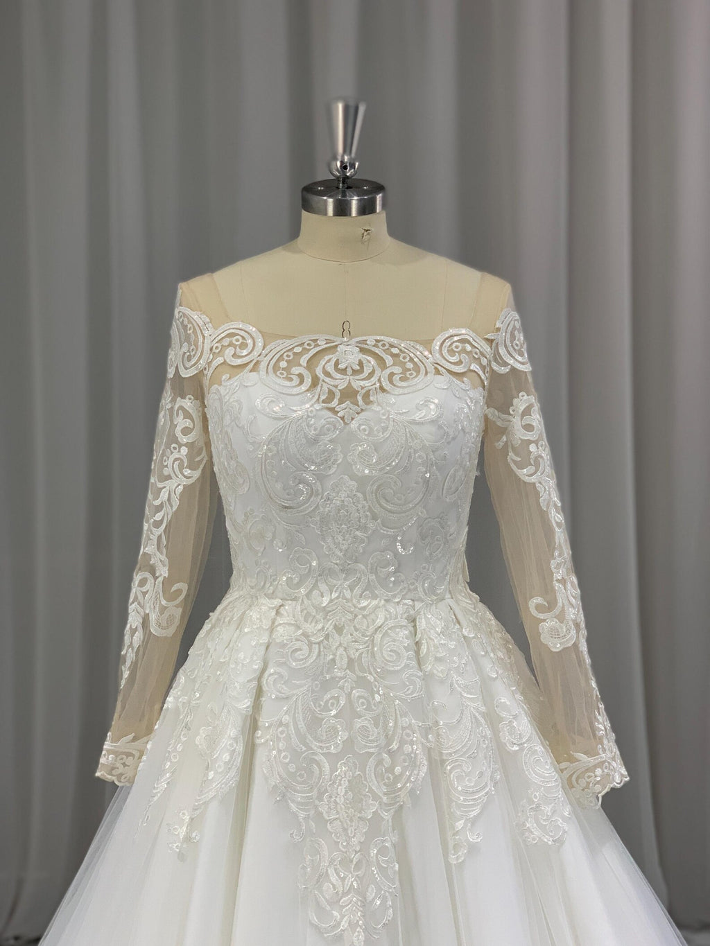 Off Shoulder Lace A Line Wedding Dress, Long Sheer Sleeve Ballgown Bridal Gown