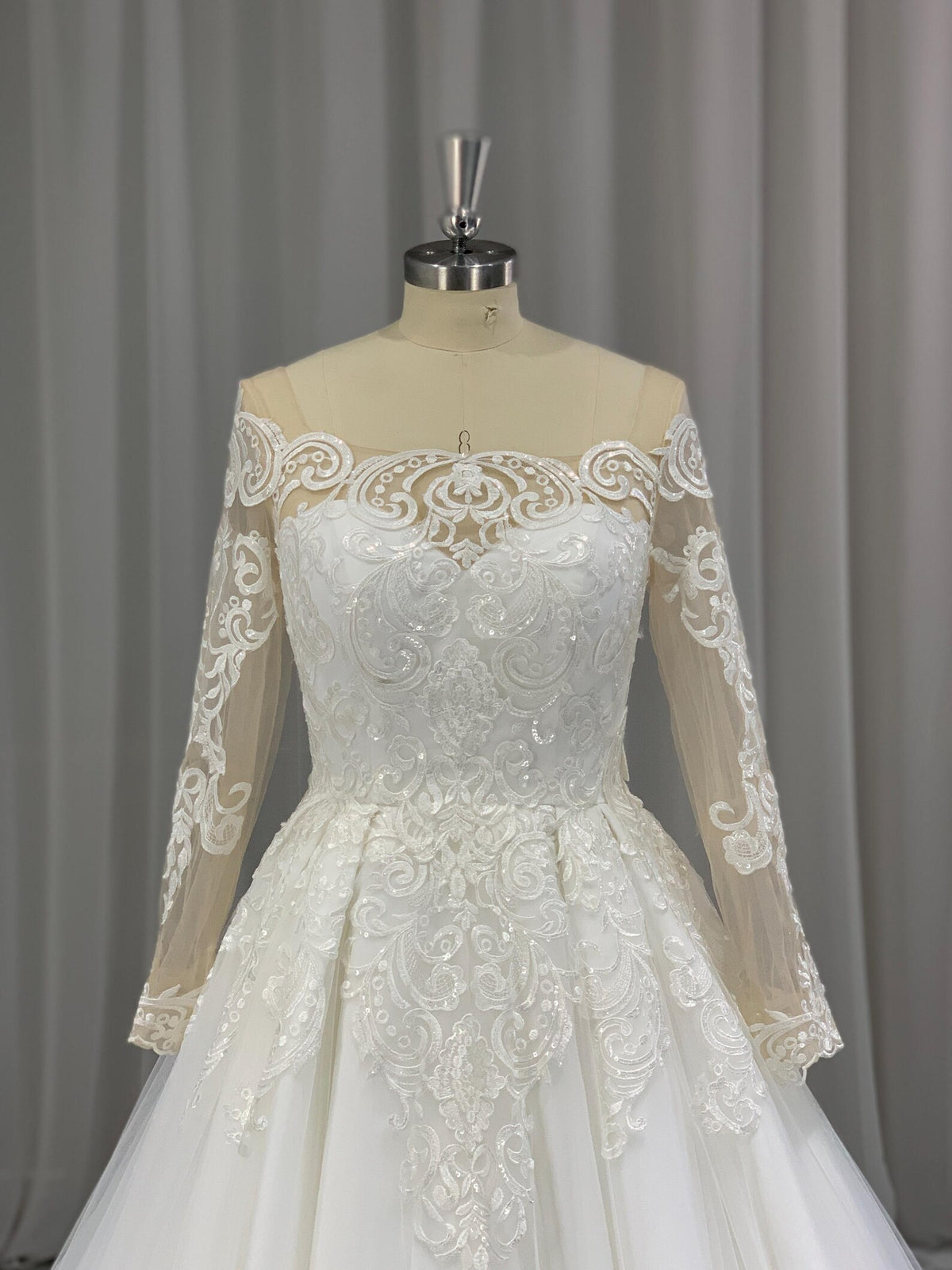 Off Shoulder Lace A Line Wedding Dress, Long Sheer Sleeve Ballgown Bridal Gown