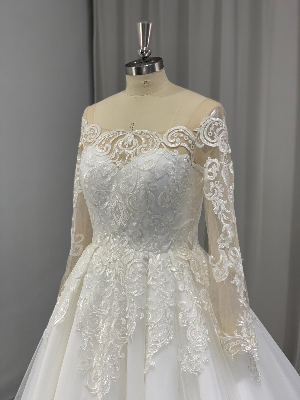 Off Shoulder Lace A Line Wedding Dress, Long Sheer Sleeve Ballgown Bridal Gown