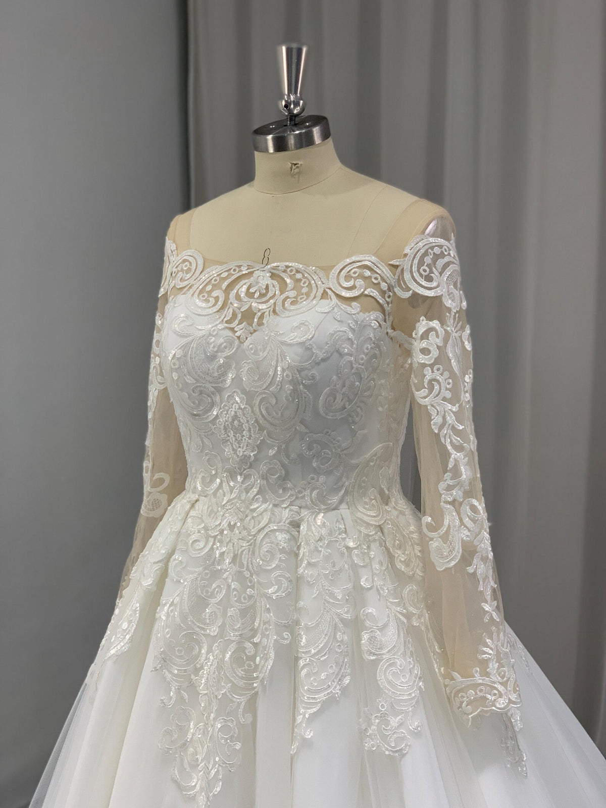 Off Shoulder Lace A Line Wedding Dress, Long Sheer Sleeve Ballgown Bridal Gown