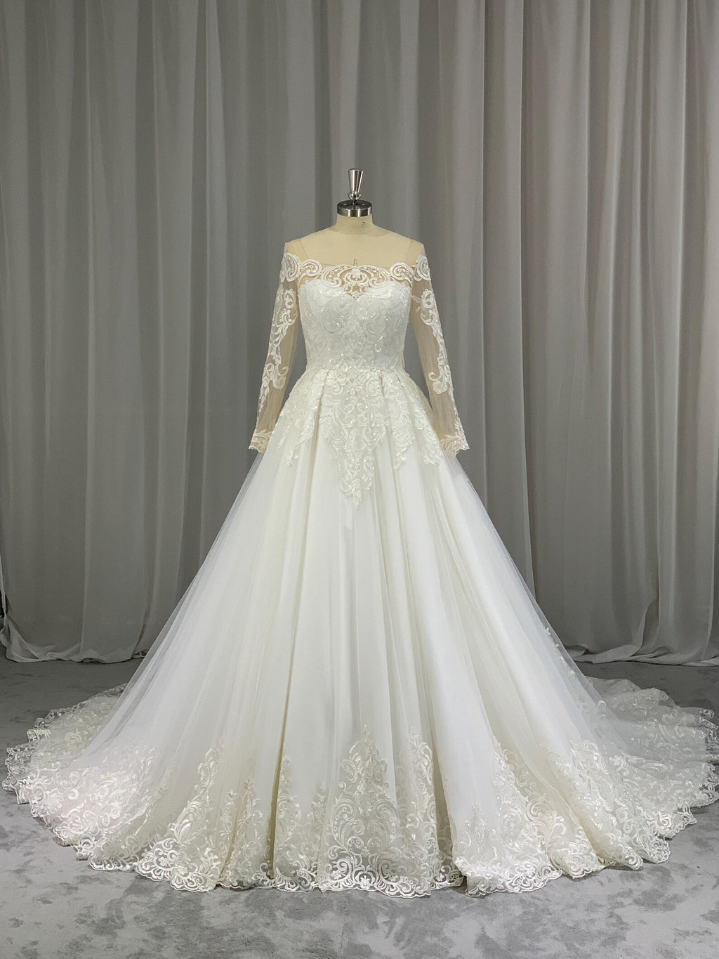 Off Shoulder Lace A Line Wedding Dress, Long Sheer Sleeve Ballgown Bridal Gown