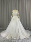 Off Shoulder Lace A Line Wedding Dress, Long Sheer Sleeve Ballgown Bridal Gown