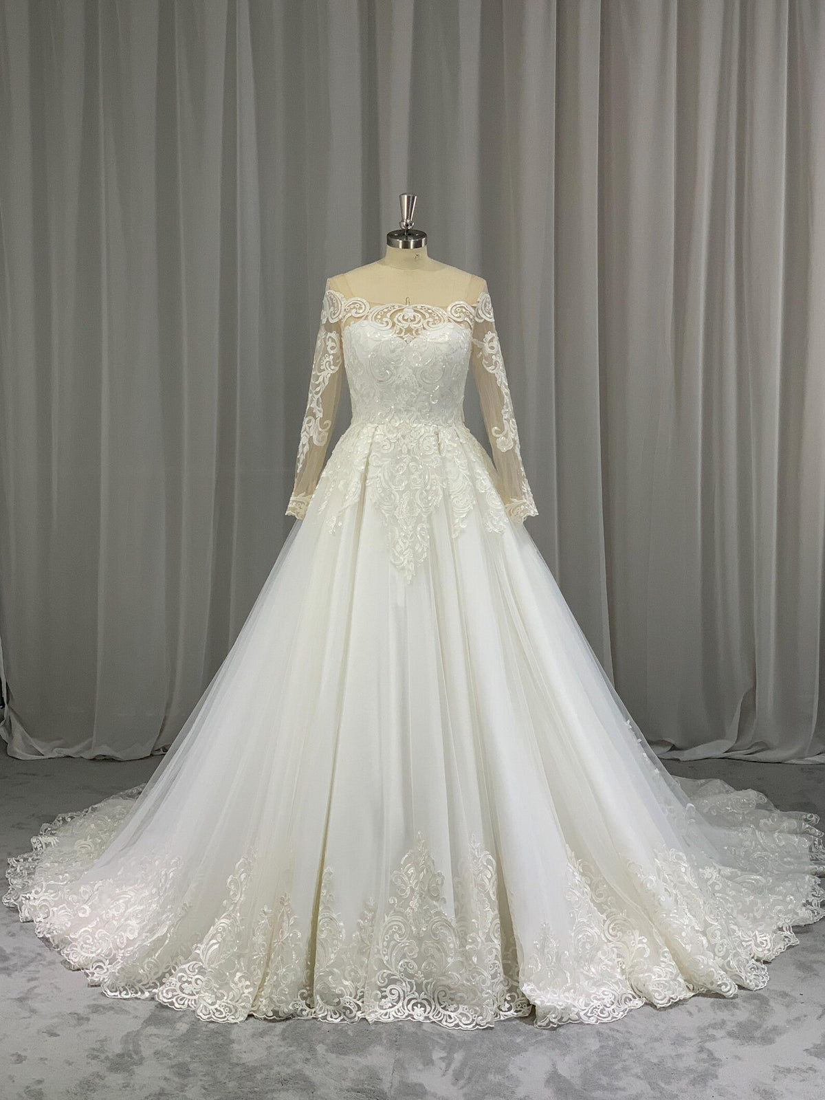 Off Shoulder Lace A Line Wedding Dress, Long Sheer Sleeve Ballgown Bridal Gown