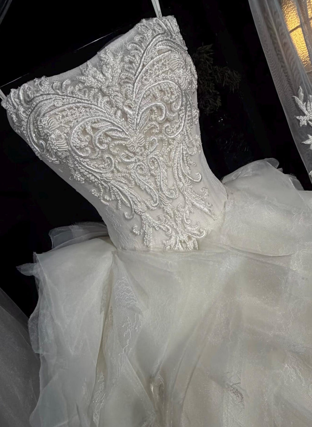 Strapless Lace Ballgown Wedding Dress with Ruffled Tulle Skirt, Veil & Detachable Sleeve