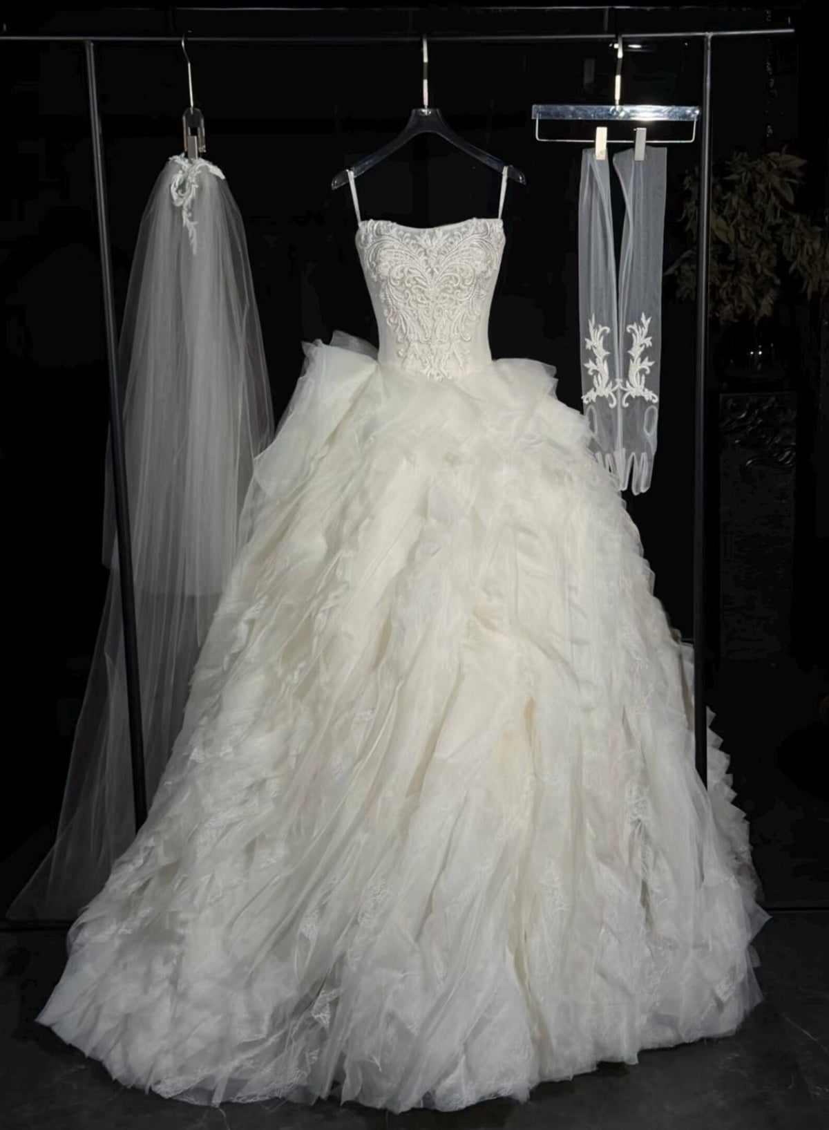 Strapless Lace Ballgown Wedding Dress with Ruffled Tulle Skirt, Veil & Detachable Sleeve