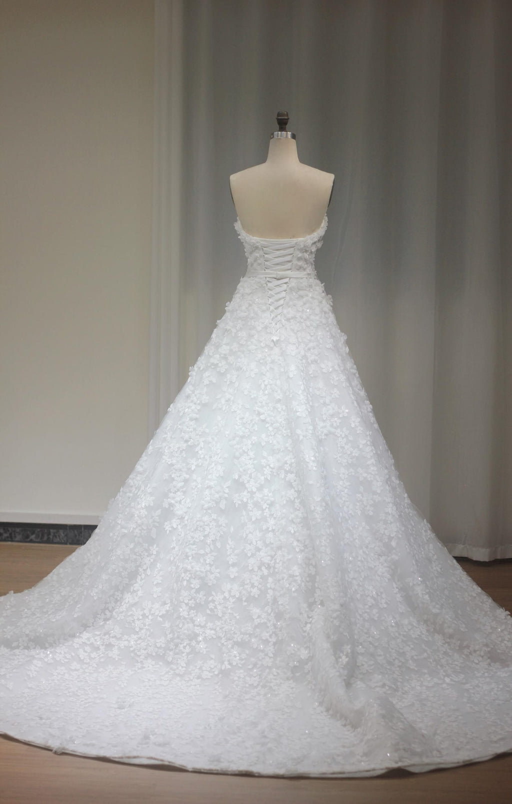 Strapless 3D Floral Lace Ballgown Wedding Dress, Corset Back Bridal Gown with Train