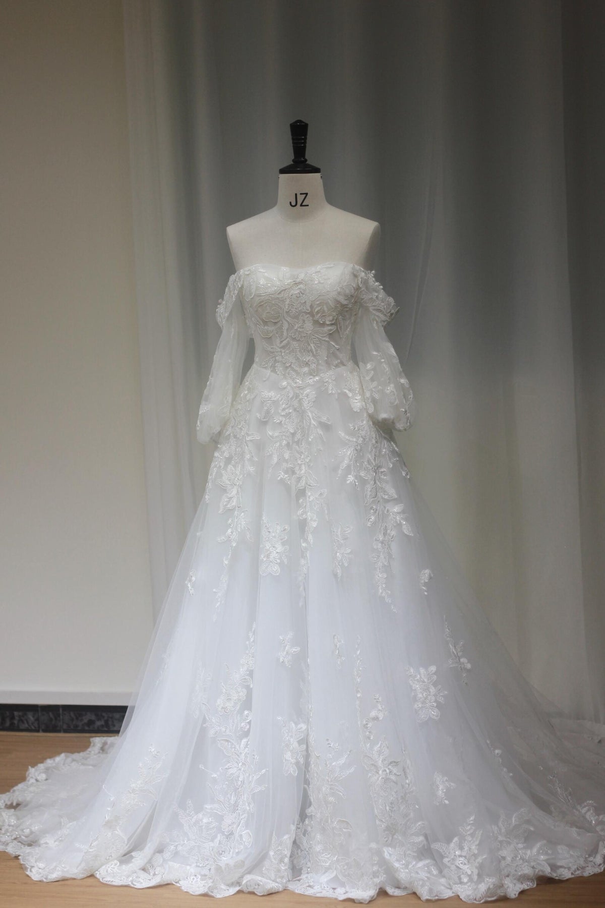 Off Shoulder Long Sleeve A Line Wedding Dress, Floral Lace Tulle Bridal Gown with Train