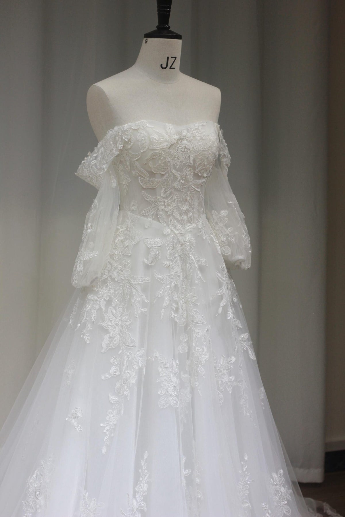 Off Shoulder Long Sleeve A Line Wedding Dress, Floral Lace Tulle Bridal Gown with Train