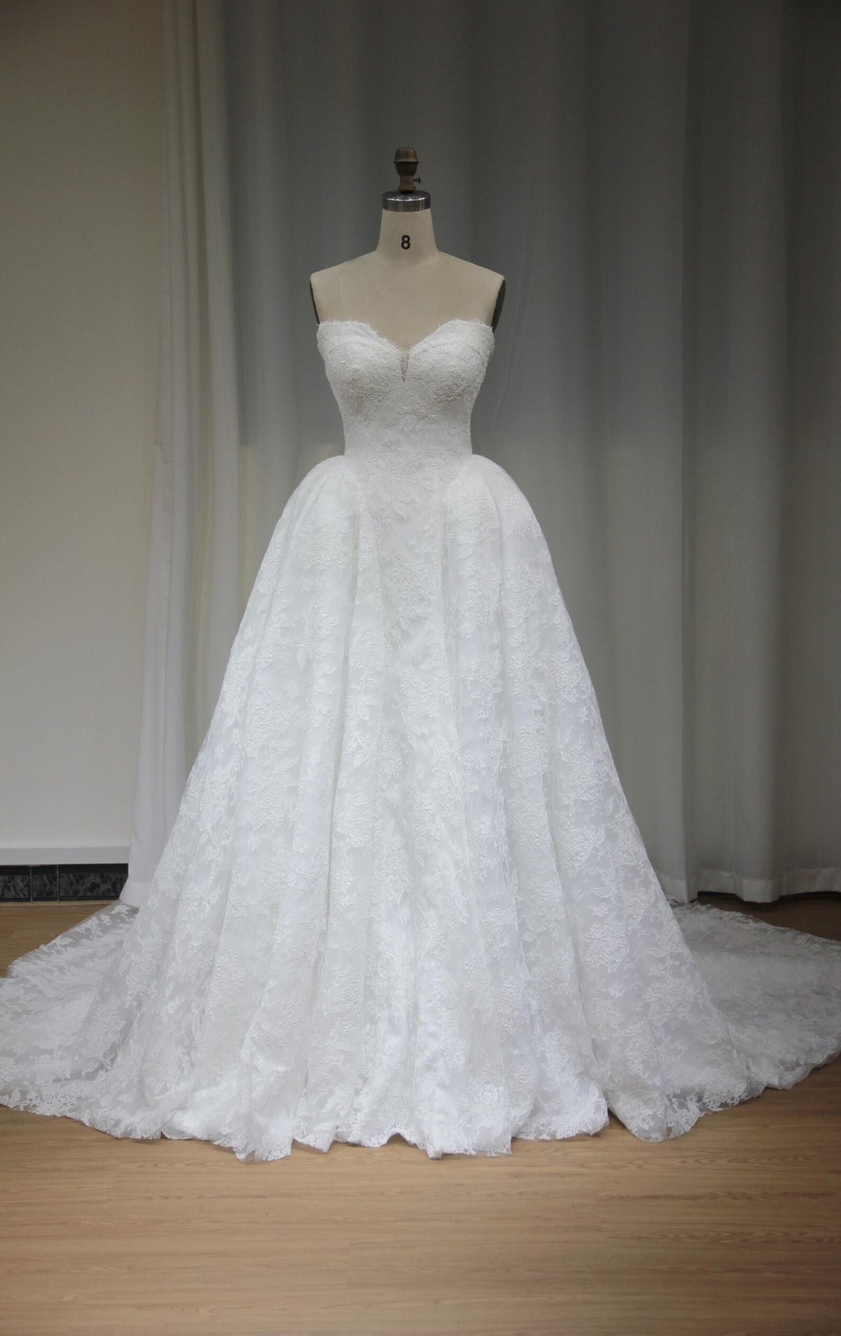 Strapless Sweetheart Lace Ballgown Wedding Dress, Full Lace Bridal Gown with Chapel Train