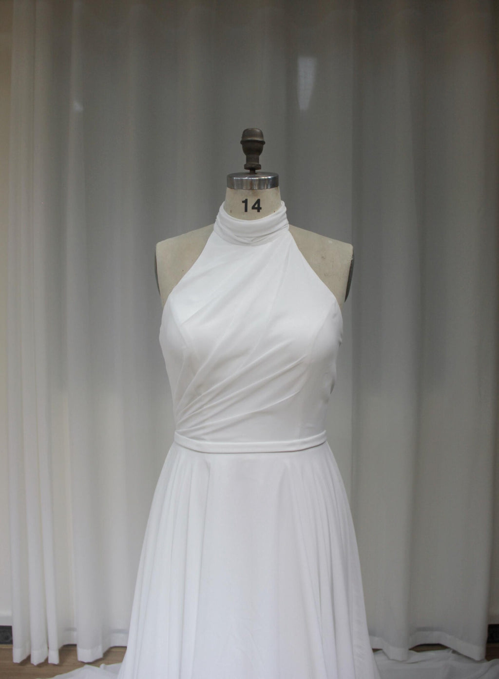 Halter Neck Chiffon A Line Wedding Dress, Minimalist Draped Bridal Gown with Train
