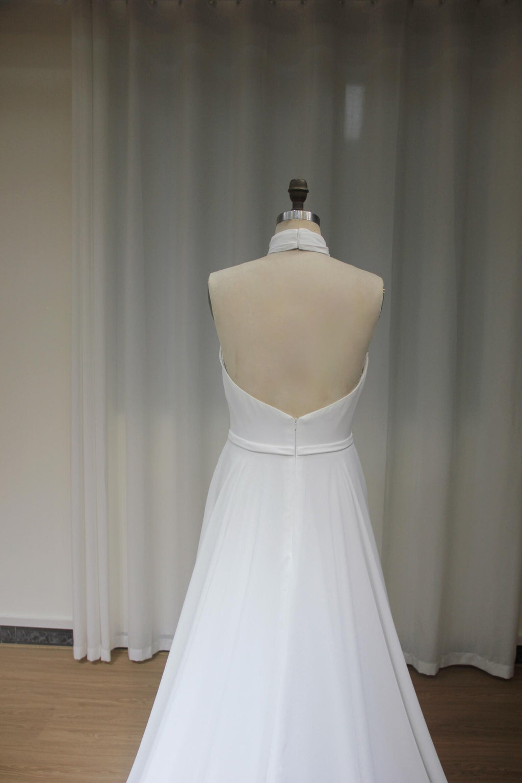 Halter Neck Chiffon A Line Wedding Dress, Minimalist Draped Bridal Gown with Train