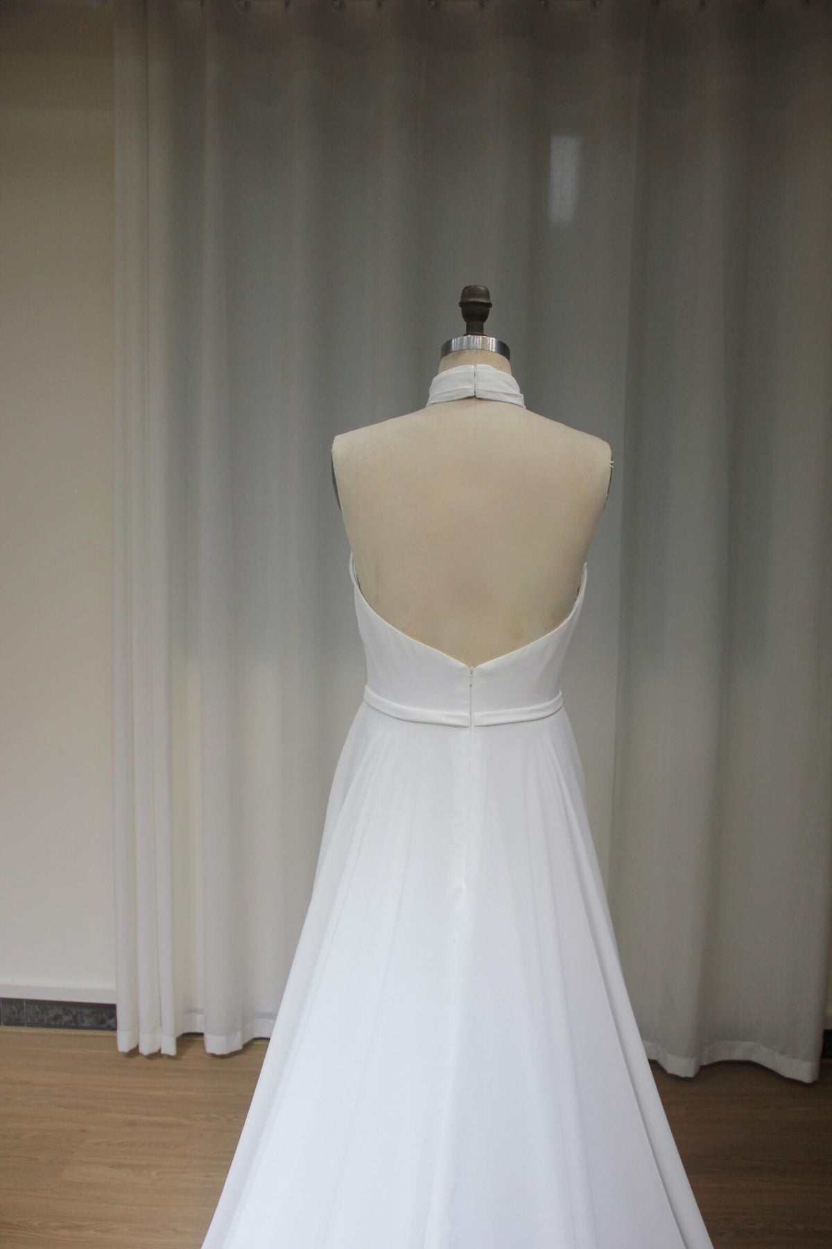 Halter Neck Chiffon A Line Wedding Dress, Minimalist Draped Bridal Gown with Train
