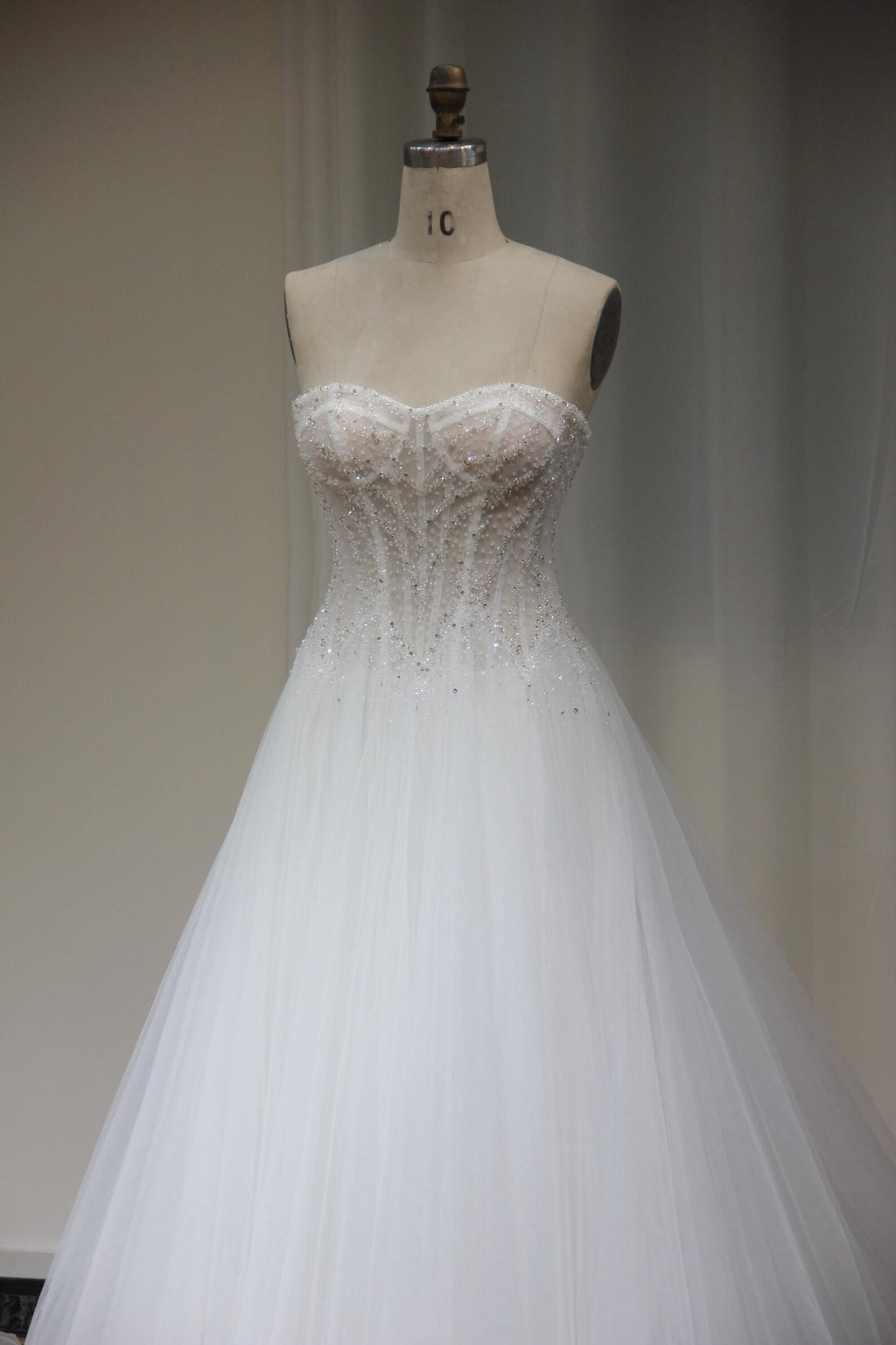 Strapless Sweetheart Beaded Tulle Ballgown Wedding Dress, Sparkly Corset Bridal Gown with Train