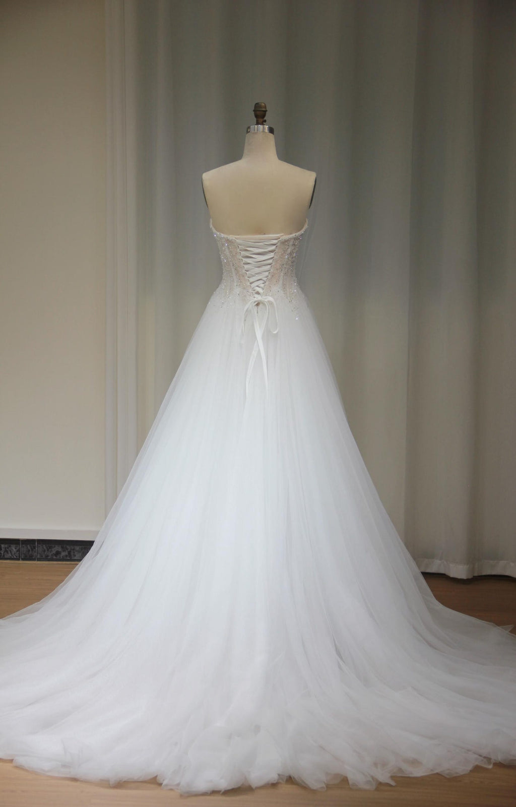 Strapless Sweetheart Beaded Tulle Ballgown Wedding Dress, Sparkly Corset Bridal Gown with Train