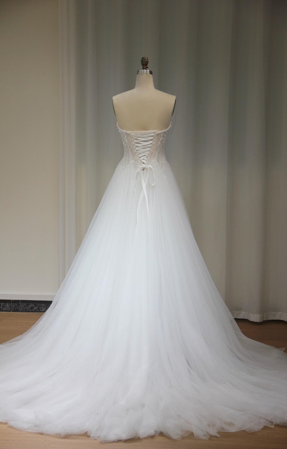 Strapless Sweetheart Beaded Tulle Ballgown Wedding Dress, Sparkly Corset Bridal Gown with Train