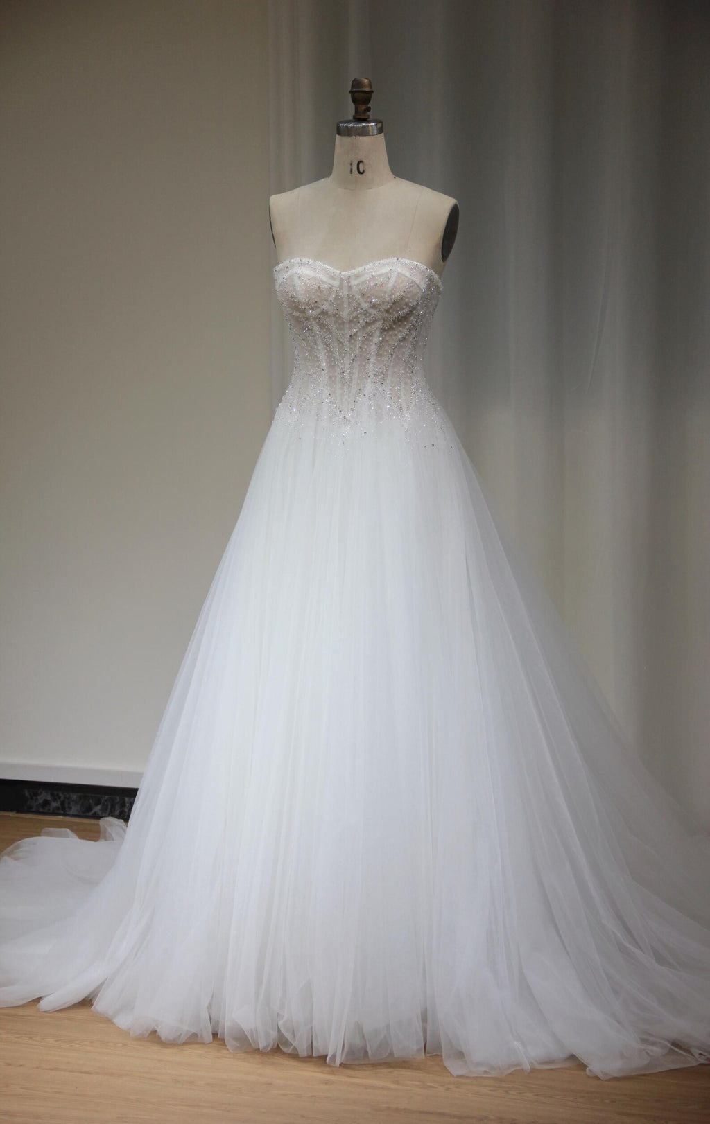 Strapless Sweetheart Beaded Tulle Ballgown Wedding Dress, Sparkly Corset Bridal Gown with Train