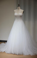 Strapless Sweetheart Beaded Tulle Ballgown Wedding Dress, Sparkly Corset Bridal Gown with Train