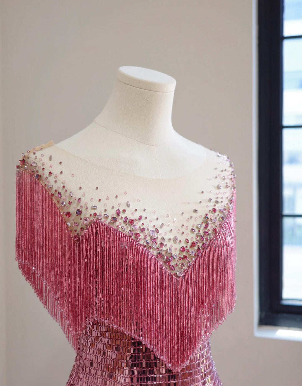 Pink Sequin Mermaid Evening Gown, Handmade Fringe Beaded Formal Dress, Illusion Neck Prom Dress, Wedding Guest Gala Dress
