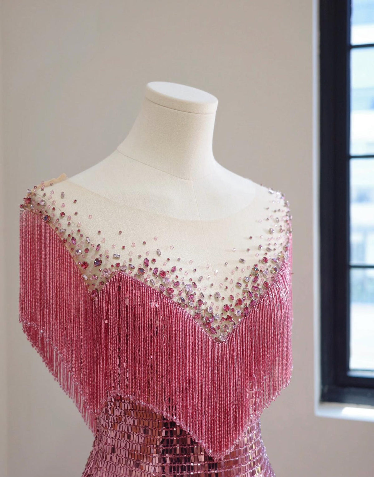 Pink Sequin Mermaid Evening Gown, Handmade Fringe Beaded Formal Dress, Illusion Neck Prom Dress, Wedding Guest Gala Dress