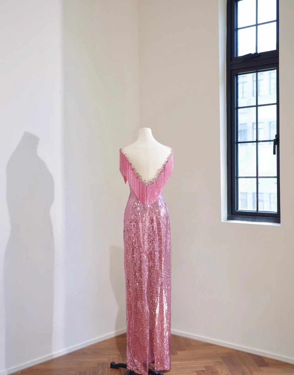 Pink Sequin Mermaid Evening Gown, Handmade Fringe Beaded Formal Dress, Illusion Neck Prom Dress, Wedding Guest Gala Dress