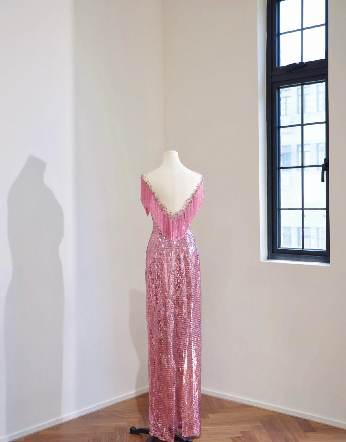 Pink Sequin Mermaid Evening Gown, Handmade Fringe Beaded Formal Dress, Illusion Neck Prom Dress, Wedding Guest Gala Dress