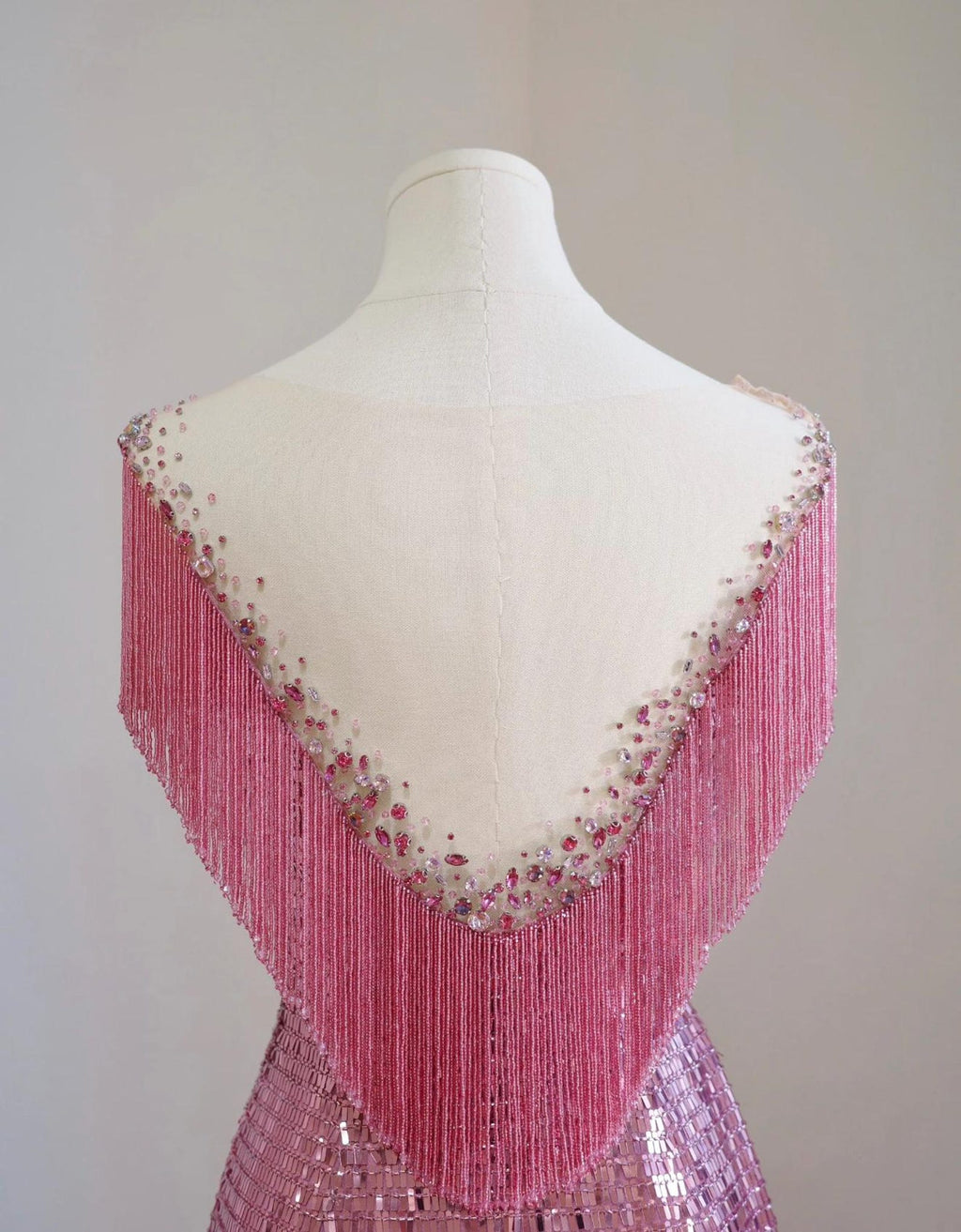 Pink Sequin Mermaid Evening Gown, Handmade Fringe Beaded Formal Dress, Illusion Neck Prom Dress, Wedding Guest Gala Dress