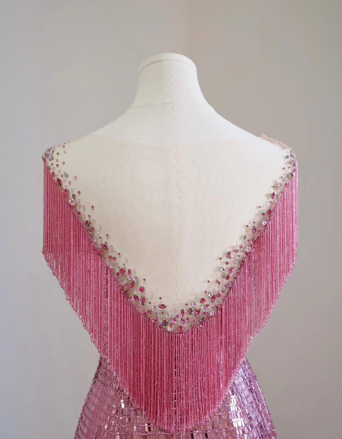 Pink Sequin Mermaid Evening Gown, Handmade Fringe Beaded Formal Dress, Illusion Neck Prom Dress, Wedding Guest Gala Dress