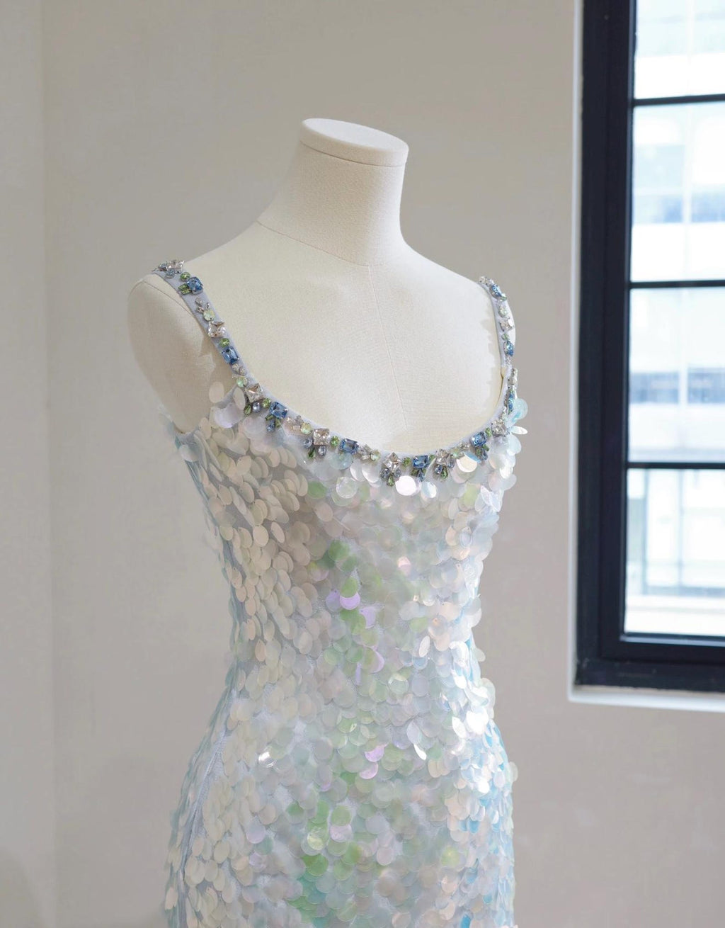 Iridescent Scale Sequin Mermaid Gown, Crystal Beaded Spaghetti Strap Prom Dress, Holographic Formal Evening Dress