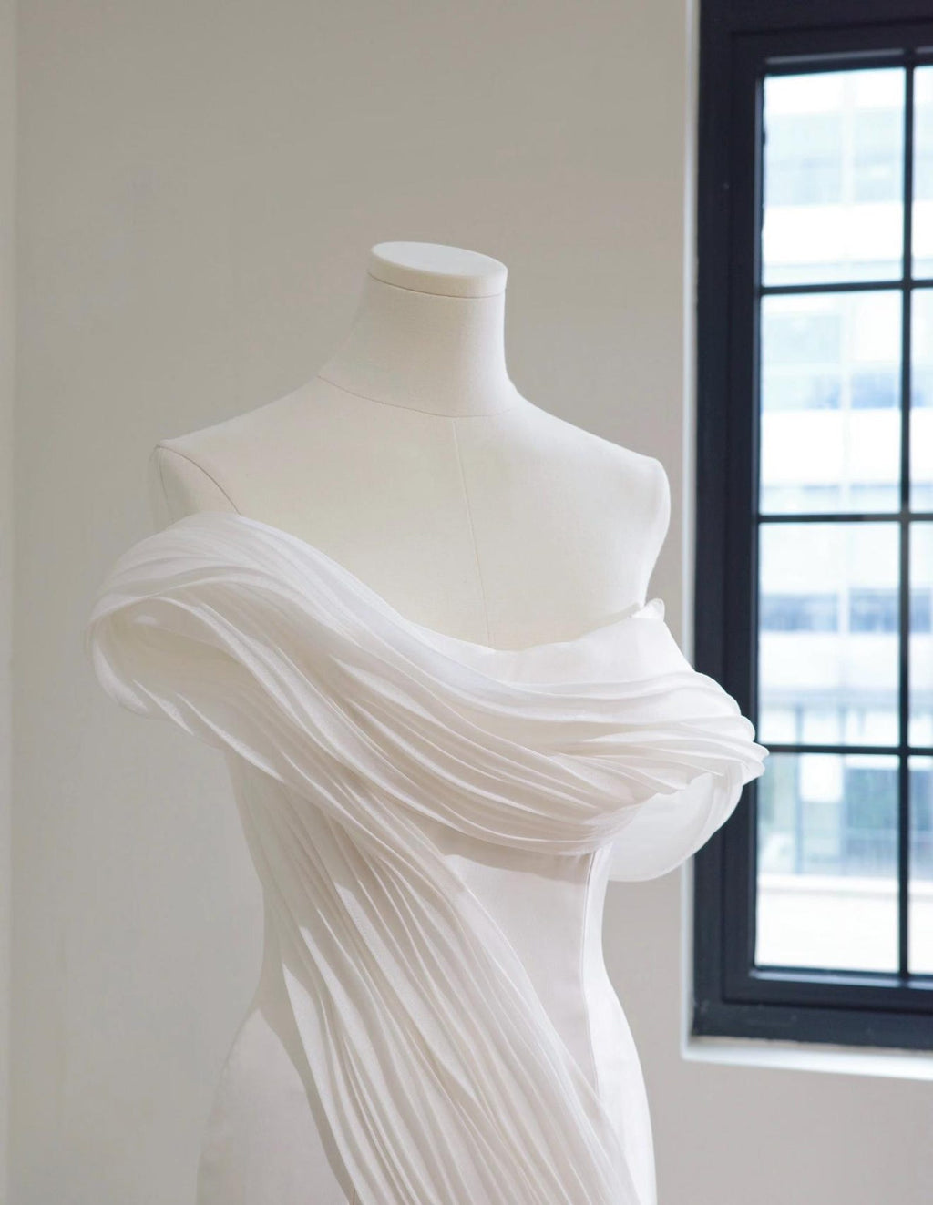 Off Shoulder Pleated Organza Mermaid Wedding Dress, Sculptural Ruffled Bridal Gown, Modern Wedding Gown
