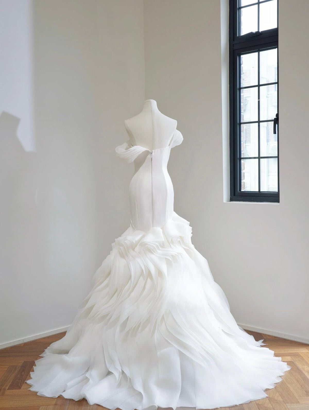 Off Shoulder Pleated Organza Mermaid Wedding Dress, Sculptural Ruffled Bridal Gown, Modern Wedding Gown