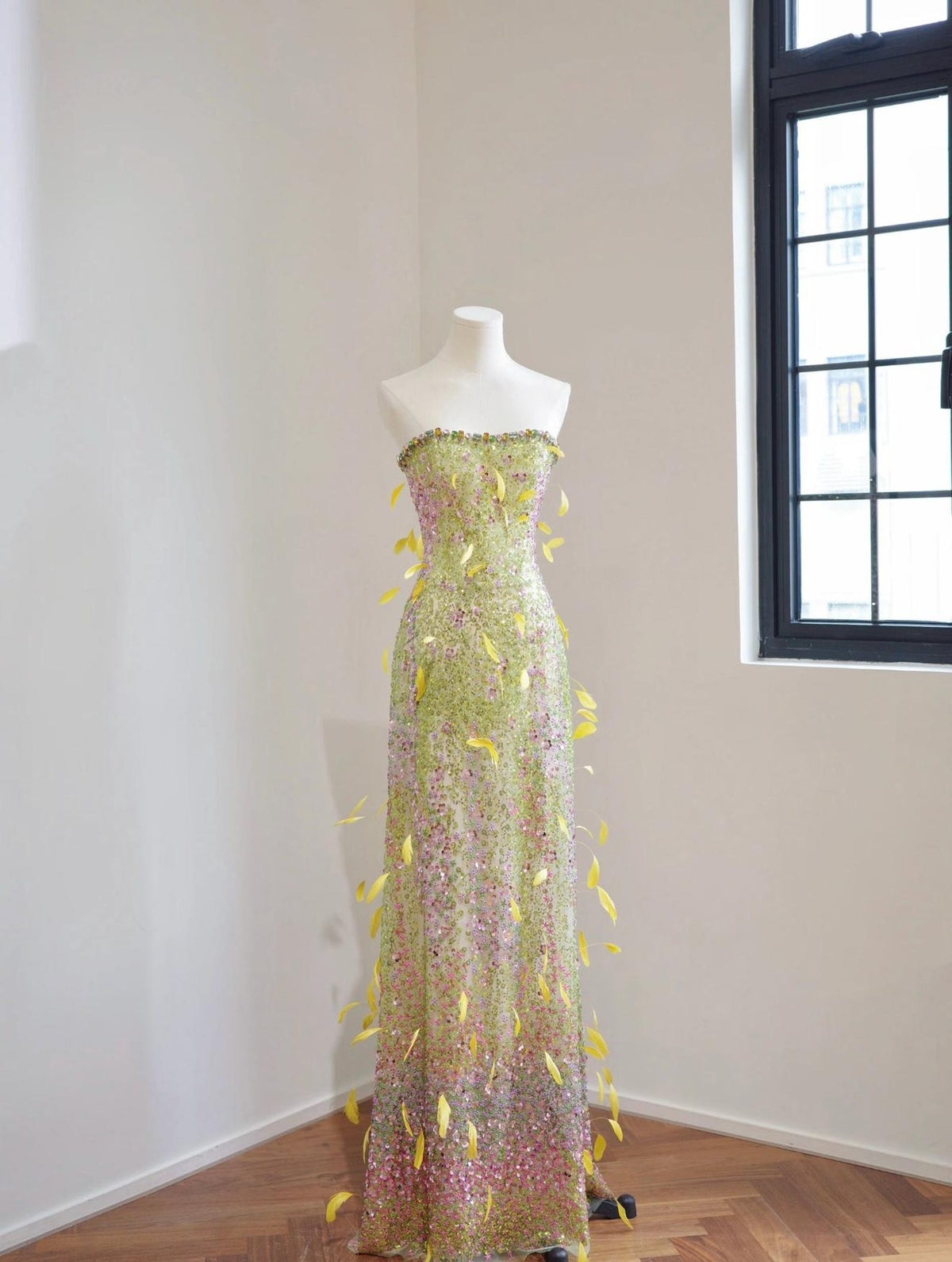 Artistic Strapless Feather Embellished Gown, Green Pink Ombre Hand Beaded Sheer Formal Dress, Luxury Photoshoot & Gala Custom Dress