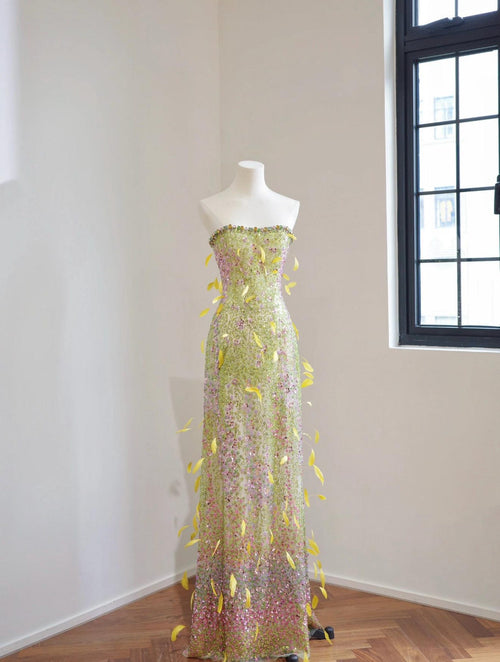 Artistic Strapless Feather Embellished Gown, Green Pink Ombre Hand Beaded Sheer Formal Dress, Luxury Photoshoot & Gala Custom Dress