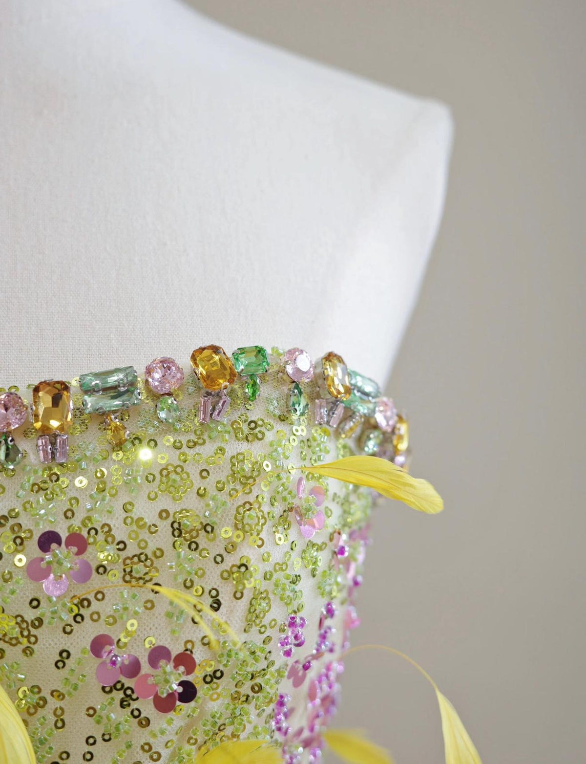 Artistic Strapless Feather Embellished Gown, Green Pink Ombre Hand Beaded Sheer Formal Dress, Luxury Photoshoot & Gala Custom Dress
