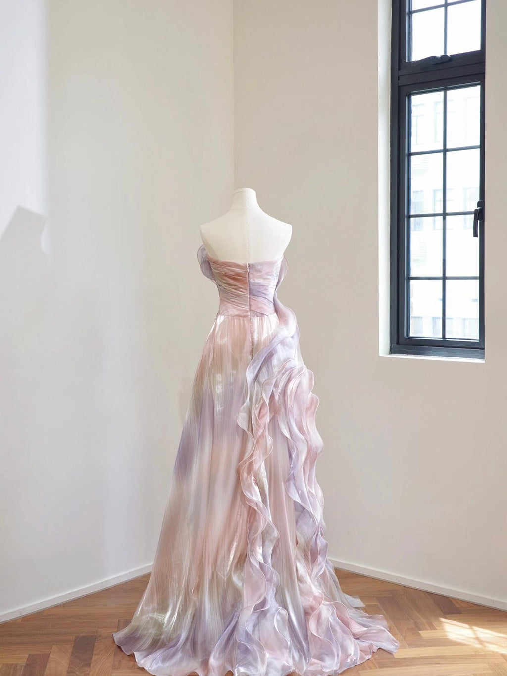 Sculptural Strapless Wave Ruffle Gown, Iridescent Pastel Ombre Organza Formal Dress, Luxury Statement Gala Custom Dress